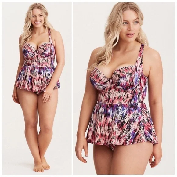 TORRID Mirage print skirted peplum one piece bathing suit, 1X. - Picture 2 of 8